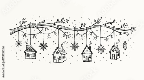 Decorative winter branch garland with miniature houses and snowflakes.