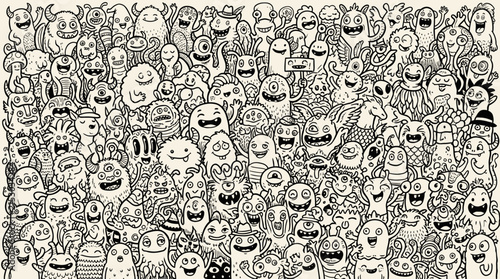 Dense doodle pattern of funny whimsical monster characters.