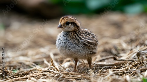 A small fluffy baby bird stands alert on dry straw amidst a soft blurred natural background