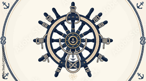 Nautical ship steering wheel with rope and anchor accents