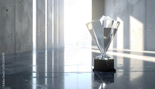 Shining silver award trophy on reflective surface.