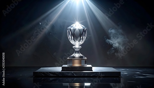 Shining Silver Trophy on Dark Reflective Surface with Spotlight.