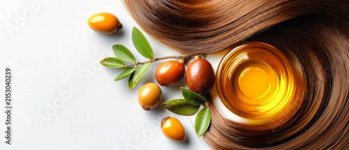 Beautiful long hair flows beside argan oil and fruits on a white surface, illuminated by studio lighting, inviting creative use in various projects