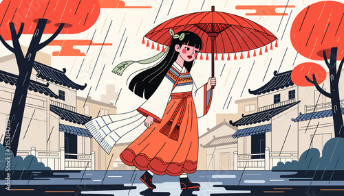 Traditional Chinese Girl with Umbrella Walking in Rainy Village Street, Autumn Scenery