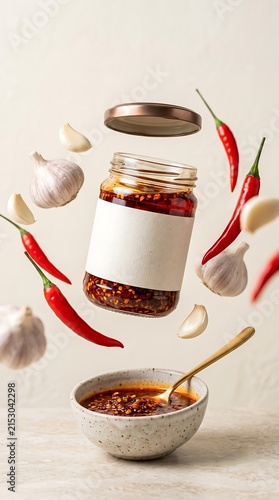 Chili oil jar with floating ingredients, garlic cloves, and red chili peppers, with a bowl of chili crisp and a spoon on a textured surface