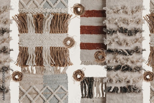 Seamless pattern of handmade macrame wall hangings with woven textures, fringe details, and small wooden rings on a light beige background