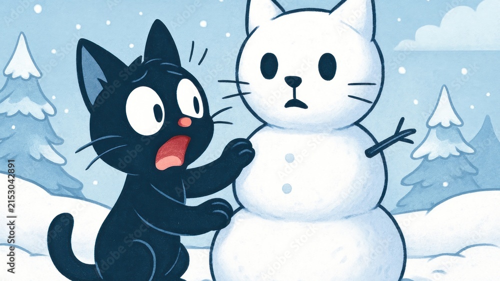 Obraz premium Cartoon cat snowman surprise desktop wallpaper