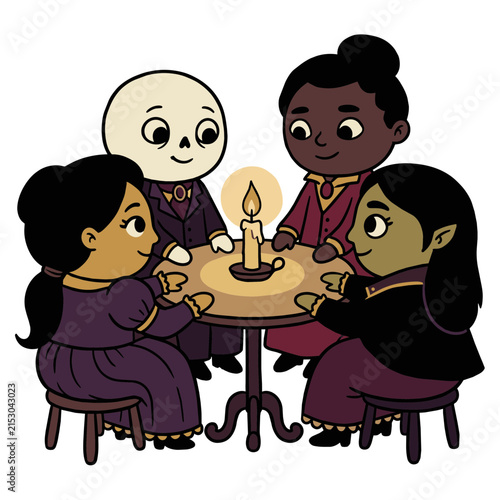 Bild auf Leinwand A small group of elegantly dressed gothic characters gathered around a candlelit seance table, Gothic Halloween vector illustration