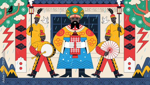 Traditional Chinese Royal Procession with Emperor and Guards in Festive Attire, Rain and Snow Elements