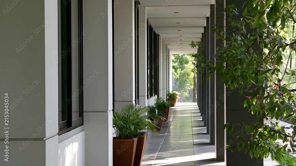 Fototapeta premium A long covered walkway lined with potted plants and modern architectural columns under bright natural light
