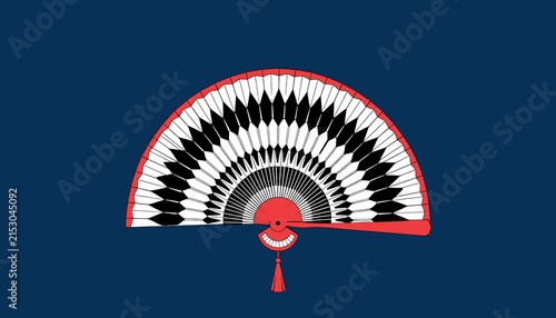 Traditional Japanese Fan with Black and White Pattern, Red Accent, on Deep Blue Background