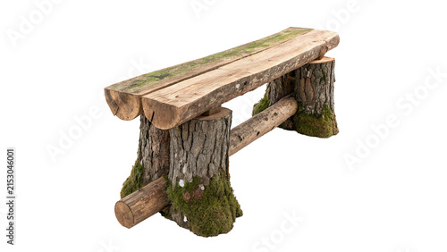 Foto Small rustic garden bench made of natural tree logs and wood isolated on transpa