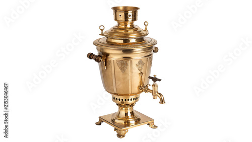 Foto Traditional Russian golden metal samovar for boiling water and brewing tea isola