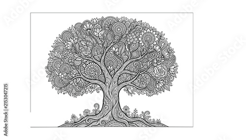 Mandala Tree of Life Floral Roots Coloring Page Line Art Vector Illustration