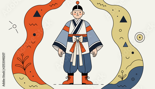Traditional Korean Man in Hanbok with Abstract Art Elements