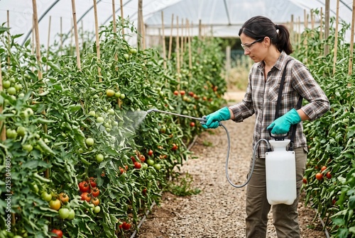 Woman spraying pesticide on tomato plants in greenhouse  