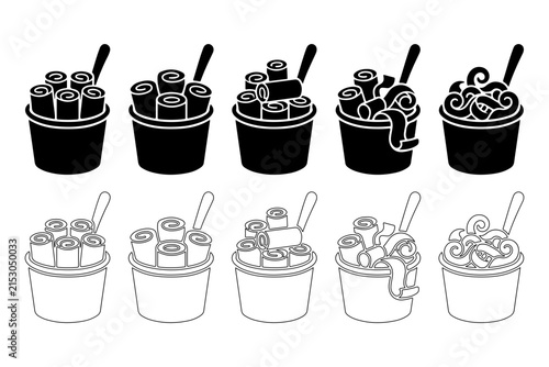 Two rows of rolled ice cream cups with spoons showing different styles