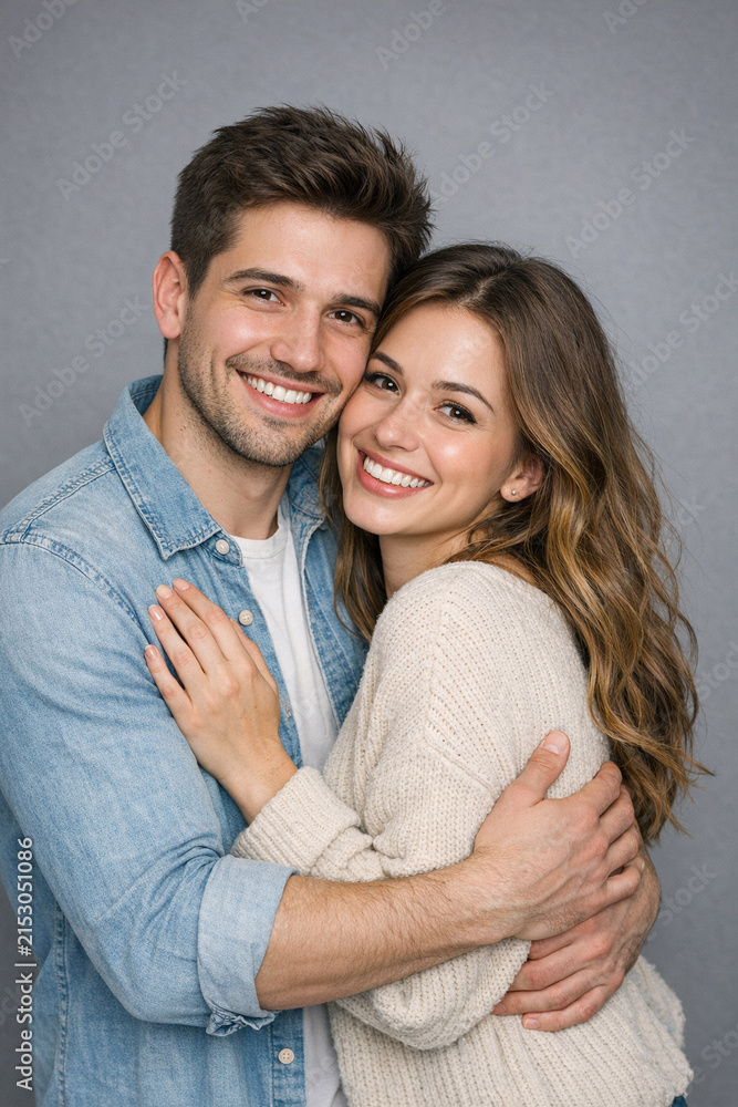 Fototapeta premium A young couple embrace each other in a photograph, smiling and radiating happiness.