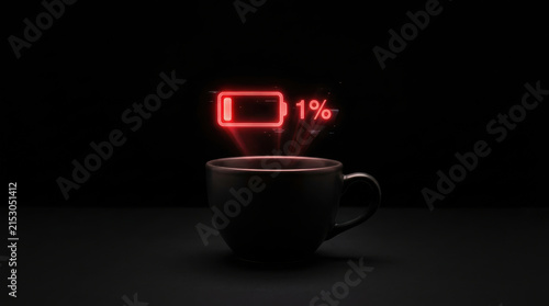Low battery symbol above coffee cup represents workforce mental health and energy depletion in work environment
