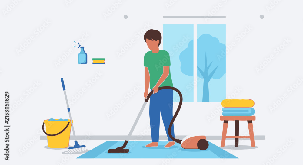 Fototapeta premium Energetic man diligently performing household chores, expertly vacuuming a rug to maintain a clean and tidy living space, showcasing a commitment to home cleanliness