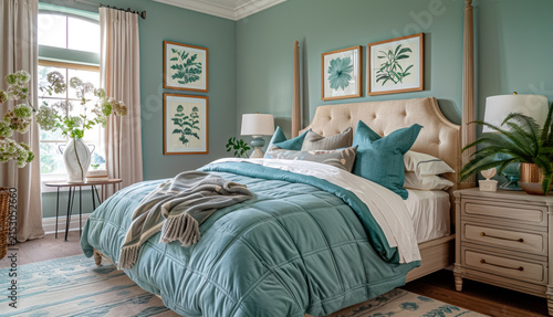 Bedroom interior with a four-poster bed and a calming palette