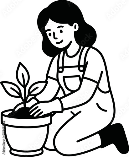 Woman planting a small seedling in a pot, illustration of gardening and new beginnings, simple line art style