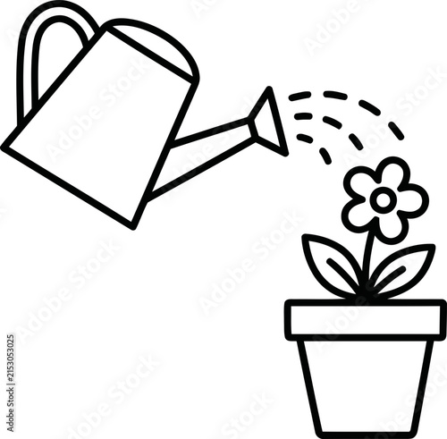 Simple Line Art Icon of Watering Can Pouring Water on a Potted Flower