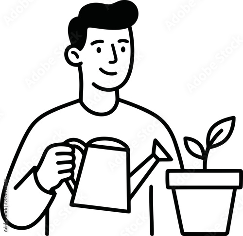 Man watering a small plant in a pot, illustration of growth and care, simple line art style