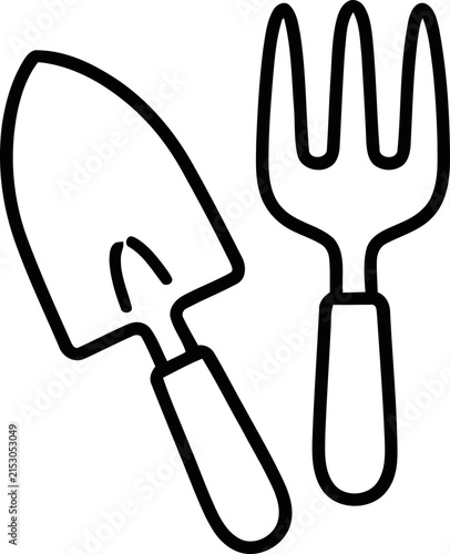 Hand Drawn Outline Of Garden Trowel And Fork Tools, Simple Line Art Icon For Gardening And Planting