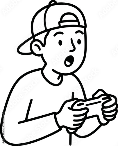 Surprised Boy Playing Video Game with Controller, Wearing Baseball Cap - Expressive Face, Digital Entertainment Concept