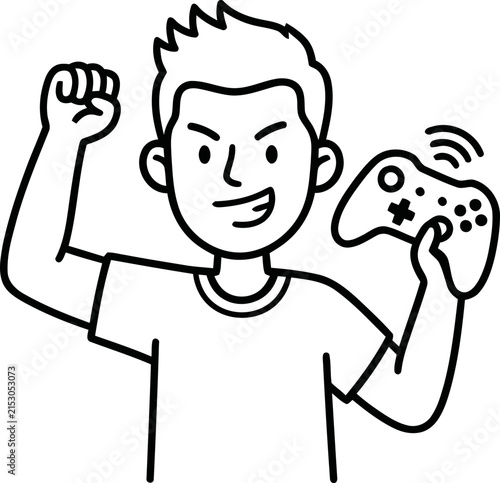 Excited Gamer Boy Celebrating Victory Holding Game Controller, Digital Entertainment Joyful Moment