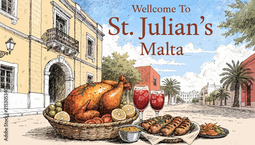 Traditional Maltese Cuisine Feast: Roasted Chicken, Sausages, and Drinks in St. Julian's Street Scene