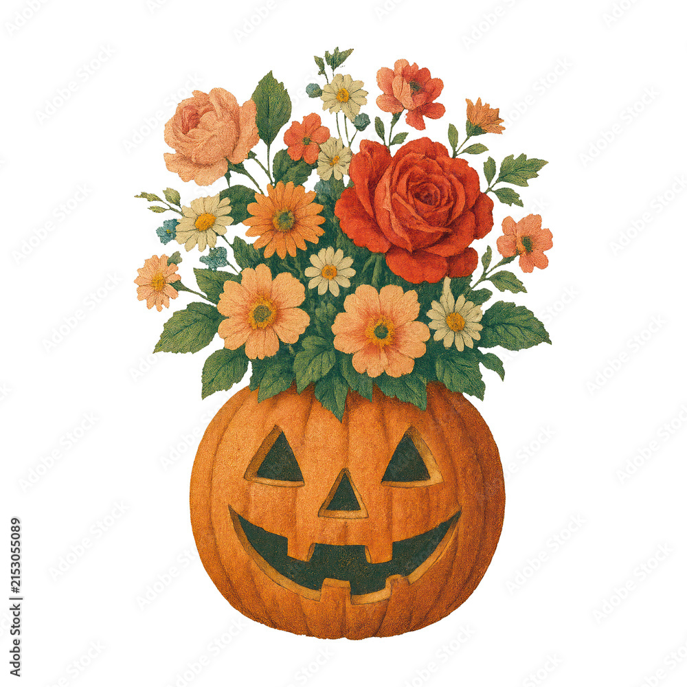 Fototapeta premium PNG Halloween floral pumpkin illustration