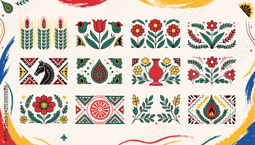 Traditional Ukrainian Folk Art Ornaments, Wheat, Flowers, Horse, Pottery, Rooster, Geometric Patterns - Vector Collection
