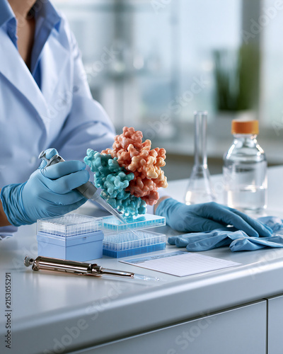 Protein complex model with cryo EM grid box pipette gloves and data card on clean lab bench showcasing structural biology and drug discovery