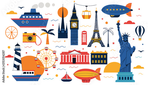 Travel Collage: Famous Landmarks, Transport & Icons. Explore the World and Create Memories.