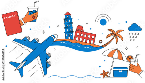 Travel Destination Concept with Airplane, Passport, Tropical Beach, and Landmarks