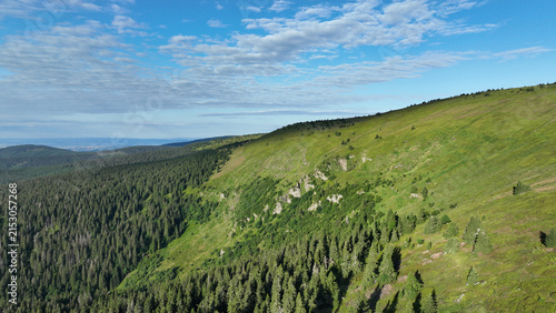 Mountain Jeseniky aerial drone Velky kotel rock mountain slopes of the Hruby Jesenik Mountains summer protected high altitude landscape area, ecosystem cold montane climate solar irradiance, heavy
