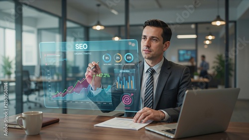 Businessman interacting with a holographic seo analytics interface in an office
