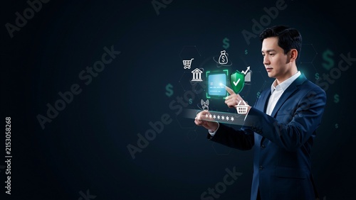 Businessman interacting with digital financial security interface