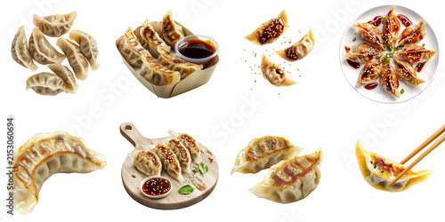 A set of gyoza dumplings, isolated on a transparent background PNG