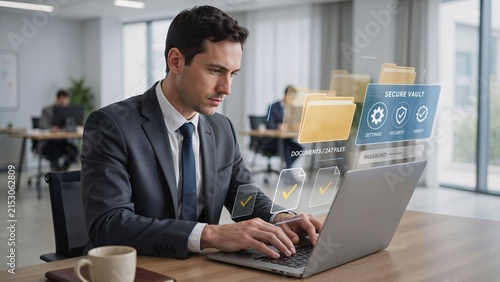 Businessman working on laptop with holographic secure vault interface