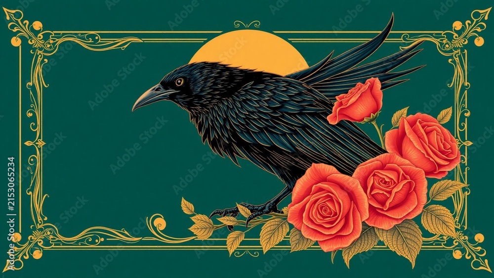 Obraz premium A majestic black raven perched on a rose branch with vibrant red flowers against a dark teal background with an ornate golden frame