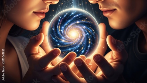 Two people holding a glowing crystal ball with a spiral galaxy inside.
