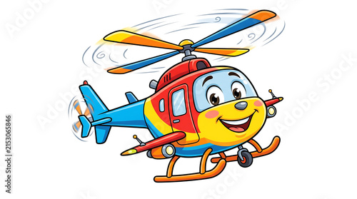 Colorful cartoon helicopter flying with happy passengers in a bright sky