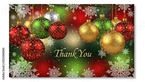 Christmas baubles with snowflakes and lights on a green and red background.