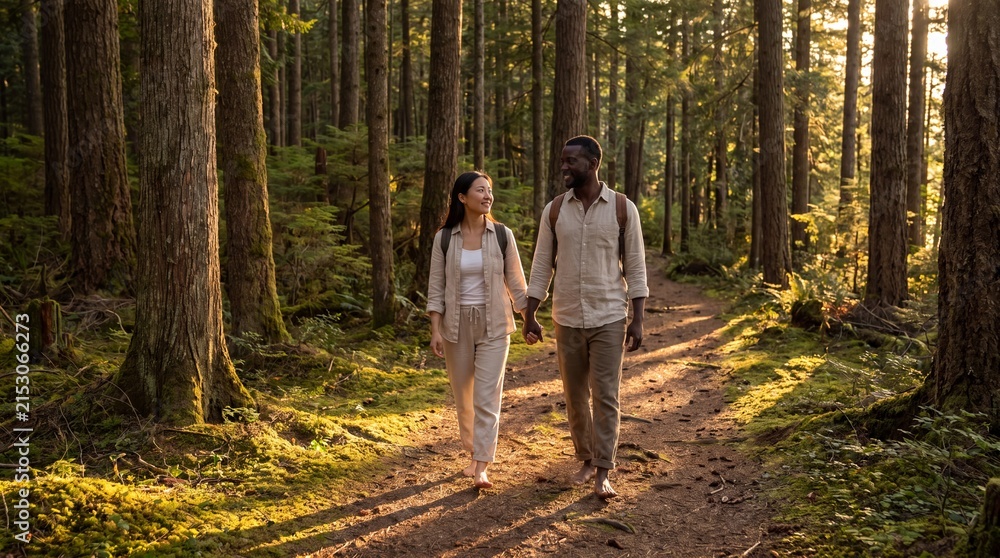 Fototapeta premium Wide photorealistic shot of a diverse young couple walking barefoot on a quiet forest path during golden hour, holding hands