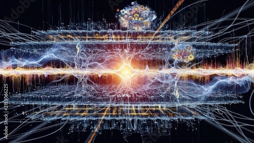 A complex, abstract neural network with interconnected nodes and pathways, representing the brain's neural network.