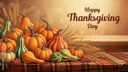 A colorful arrangement of pumpkins and gourds on a checkered tablecloth, with wheat ears and berries in the background.