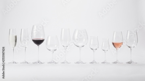 Wine glass collection features various stemware shapes arranged in a row against a plain white background.
